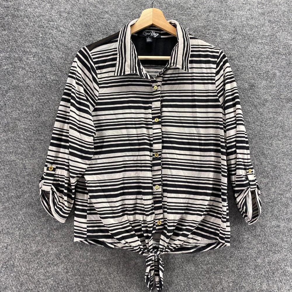 Lena Shirt Women L Large White Striped Button Up Collared 3/4 Sleeve Casual
